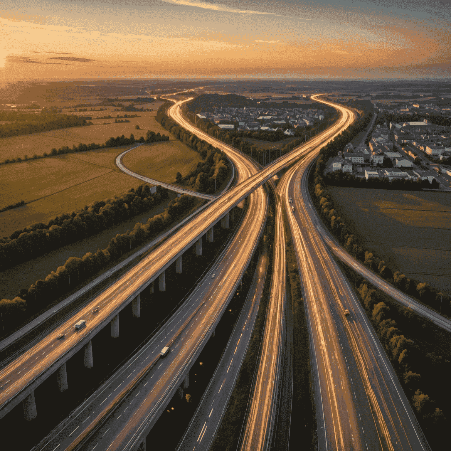 Luftaufnahme der deutschen Autobahn bei Sonnenuntergang, mit fließendem Verkehr und goldenen Lichtern, die die Debatte um Geschwindigkeitsbegrenzungen symbolisieren