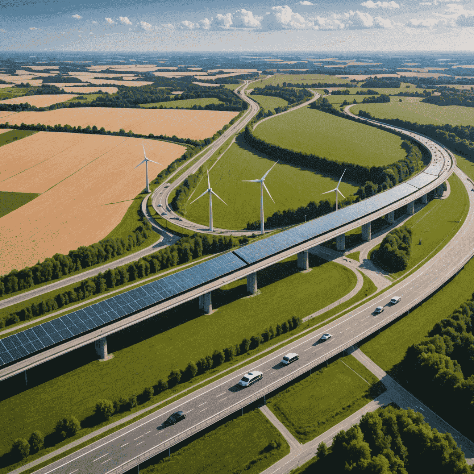 Luftaufnahme einer deutschen Autobahn mit integrierten Solarpanelen und Windturbinen entlang der Strecke, die die Verschmelzung von Verkehrsinfrastruktur und erneuerbaren Energien zeigt