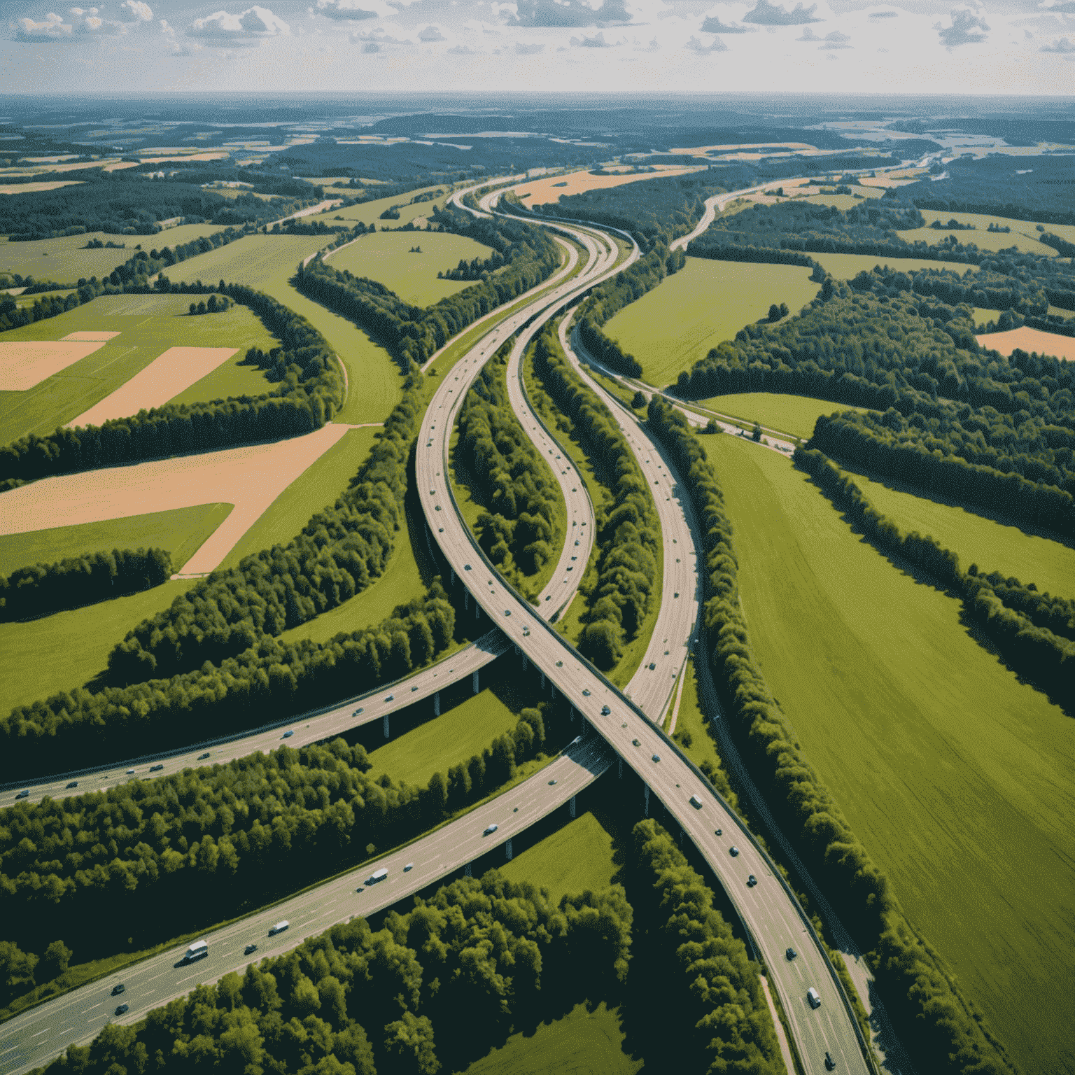 Luftaufnahme der deutschen Autobahn, die sich durch eine abwechslungsreiche Landschaft schlängelt, symbolisiert die Verbindung zwischen Infrastruktur und Natur