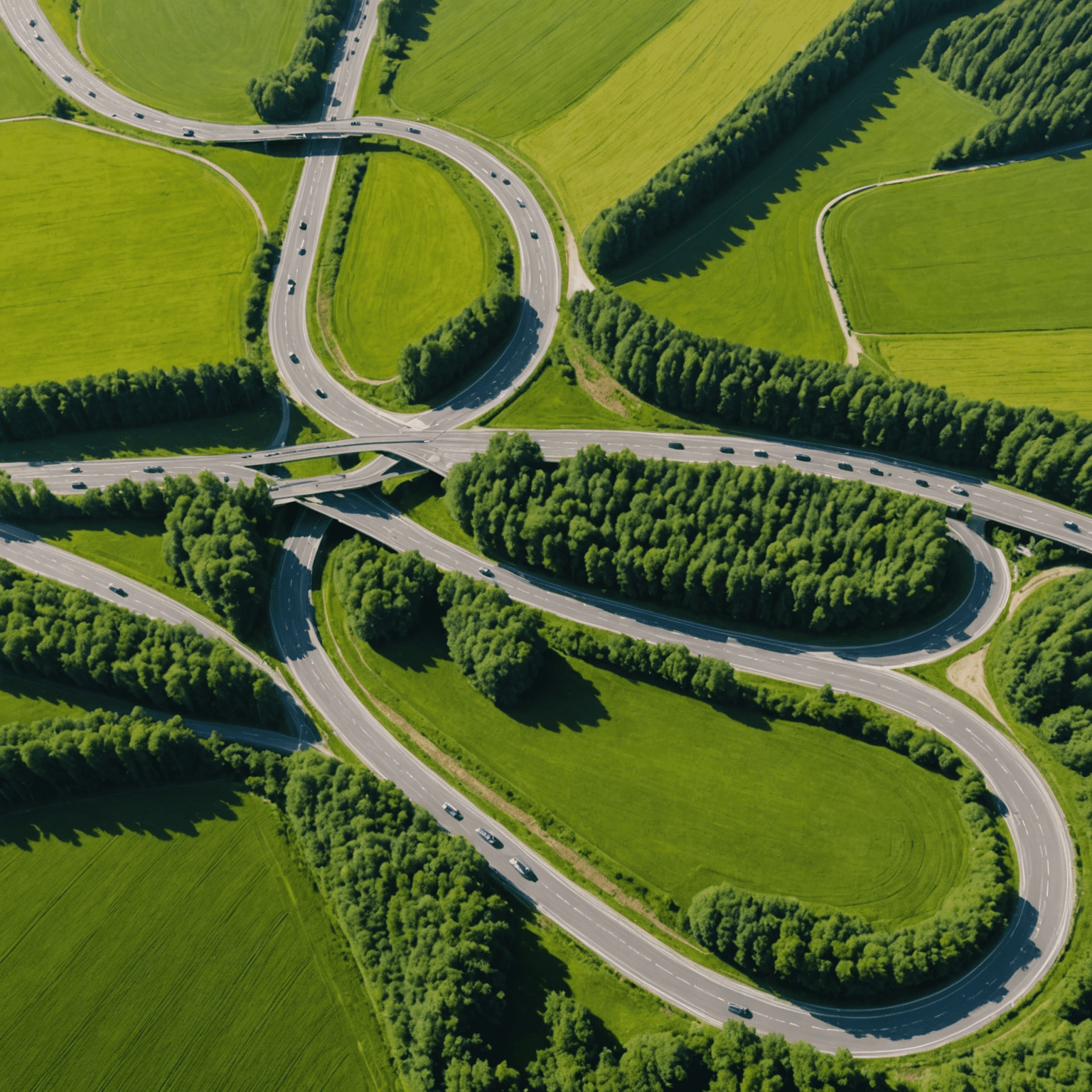 Luftaufnahme der deutschen Autobahn, die sich durch grüne Landschaften schlängelt, mit schnellen Autos, die entlang der Strecke fahren