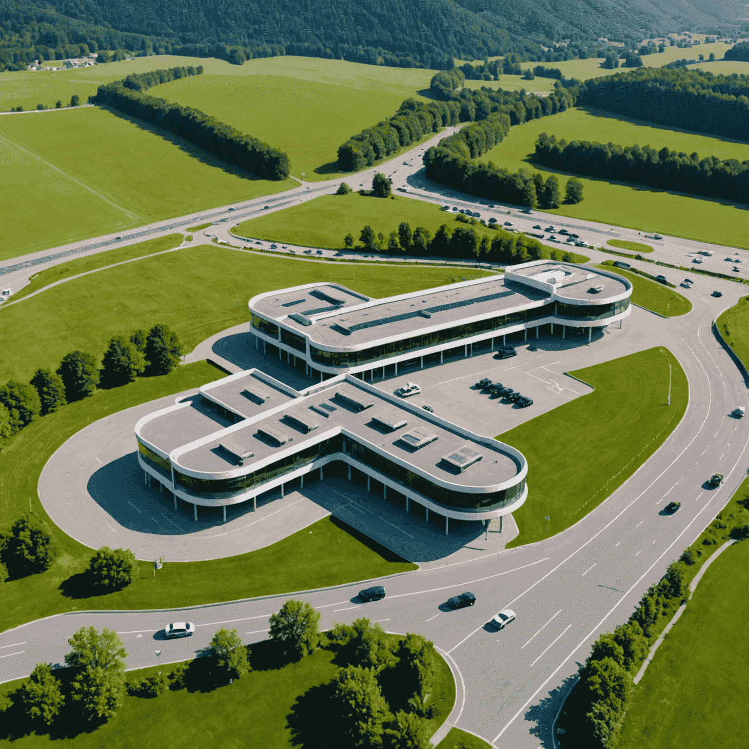 Luftaufnahme der Raststätte Taunusblick mit modernem Gebäude, großem Parkplatz und umliegenden grünen Hügeln