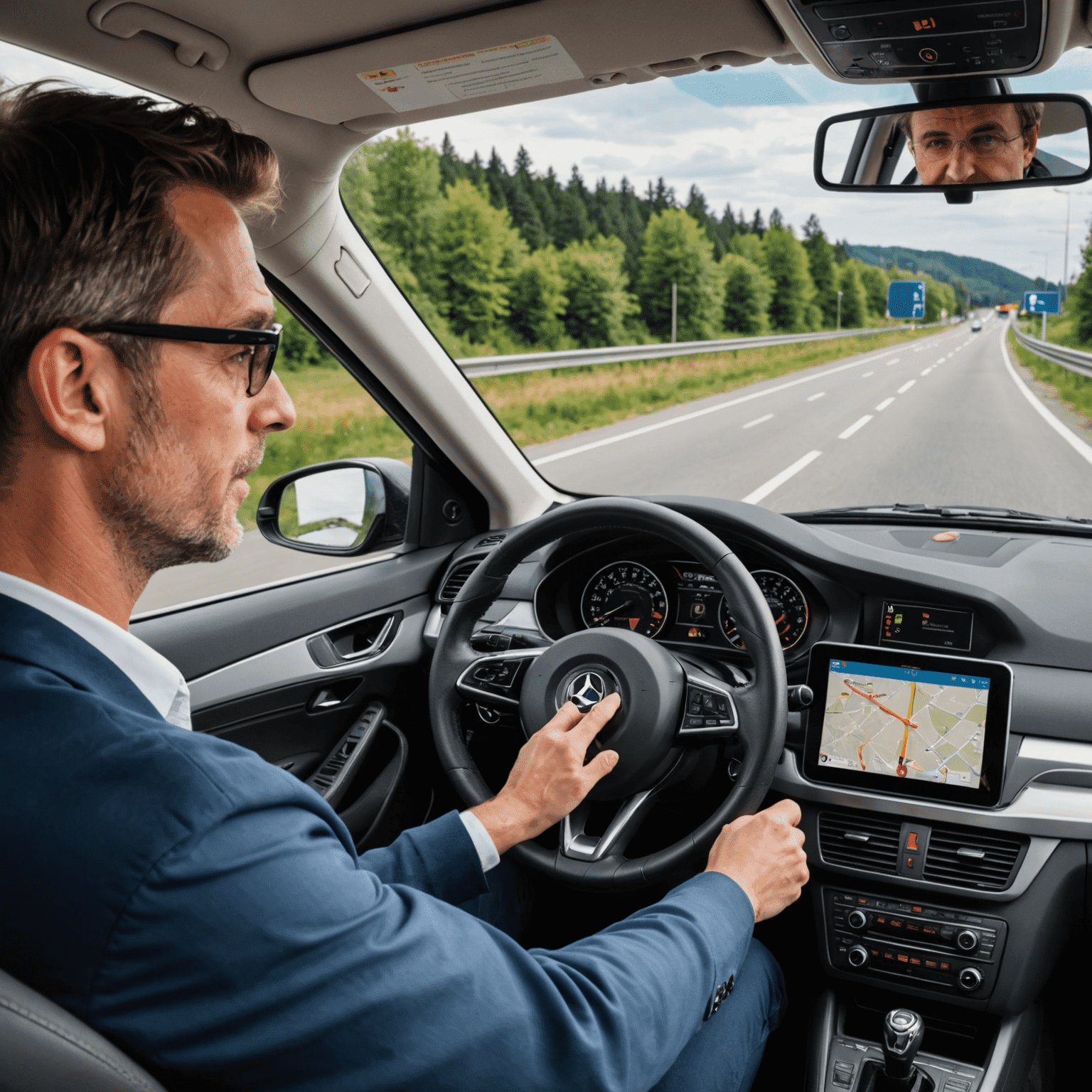 Ein erfahrener Fahrlehrer erklärt einem Schüler die Besonderheiten des Autobahnfahrens anhand einer digitalen Karte der deutschen Autobahnen