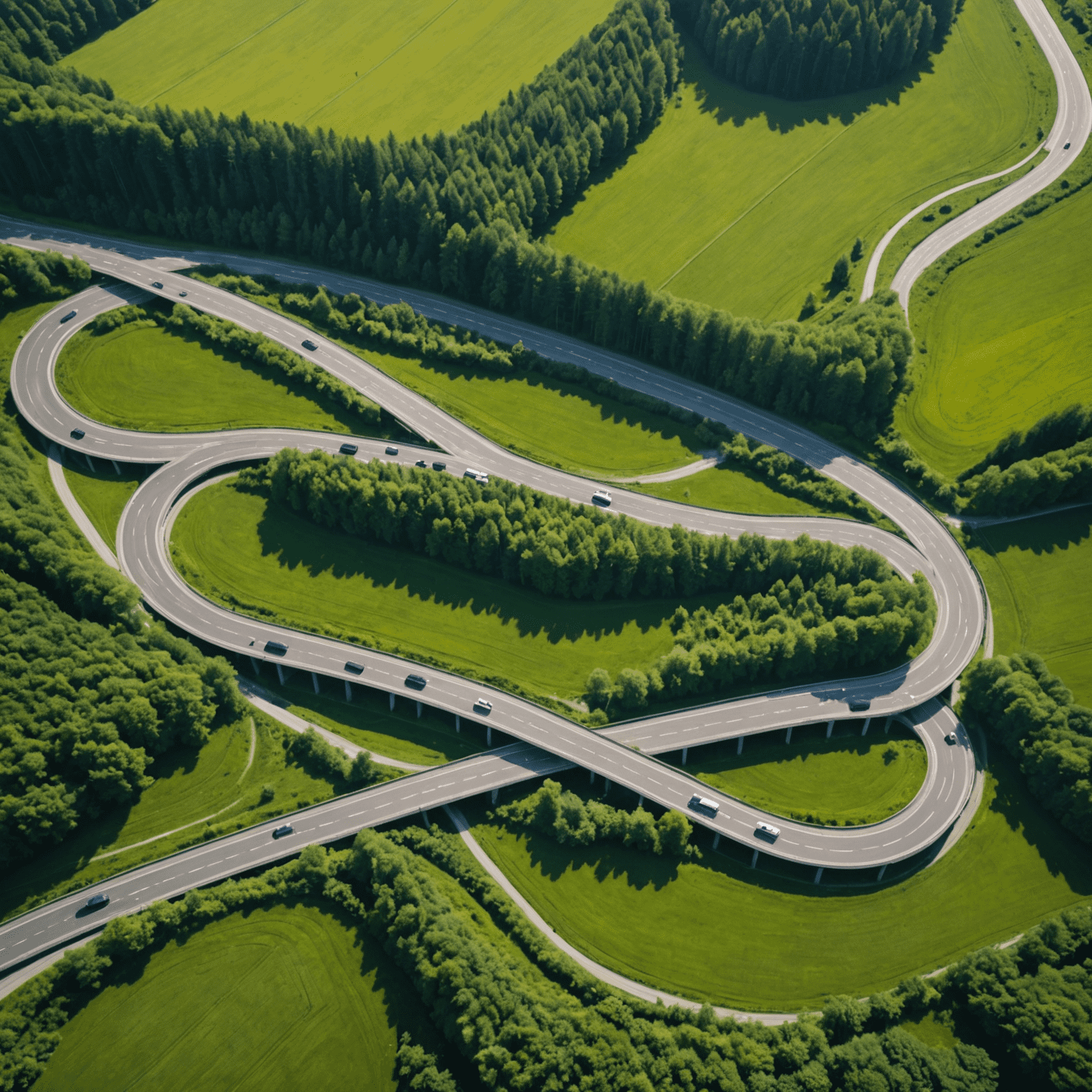 Luftaufnahme einer kurvigen deutschen Autobahn, die sich durch grüne Landschaften schlängelt, mit mehreren Autos, die in verschiedene Richtungen fahren