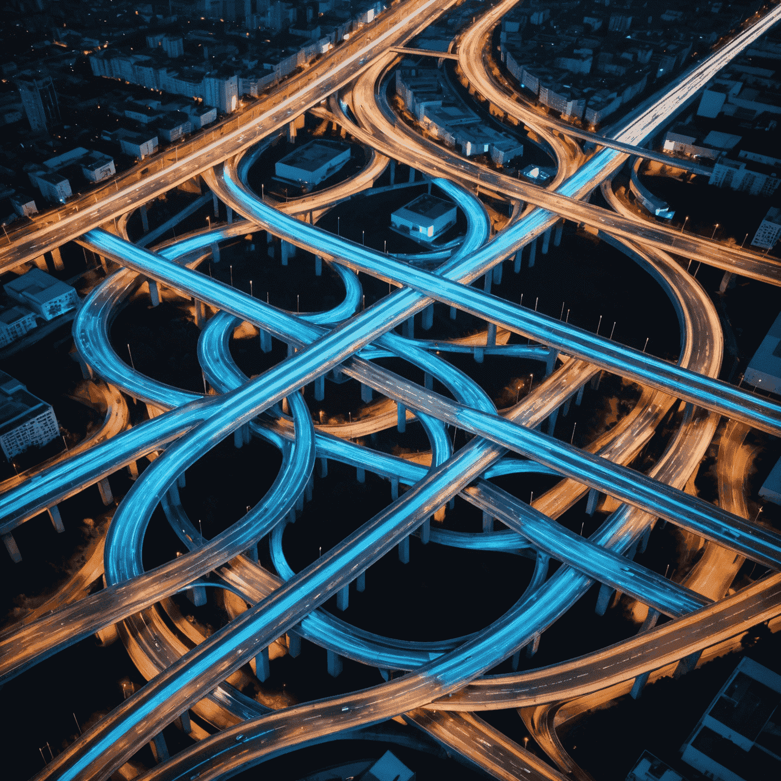 Futuristisches Autobahnkreuz bei Nacht, beleuchtet von blauen LED-Streifen, mehrere Ebenen von geschwungenen Straßen kreuzen sich elegant