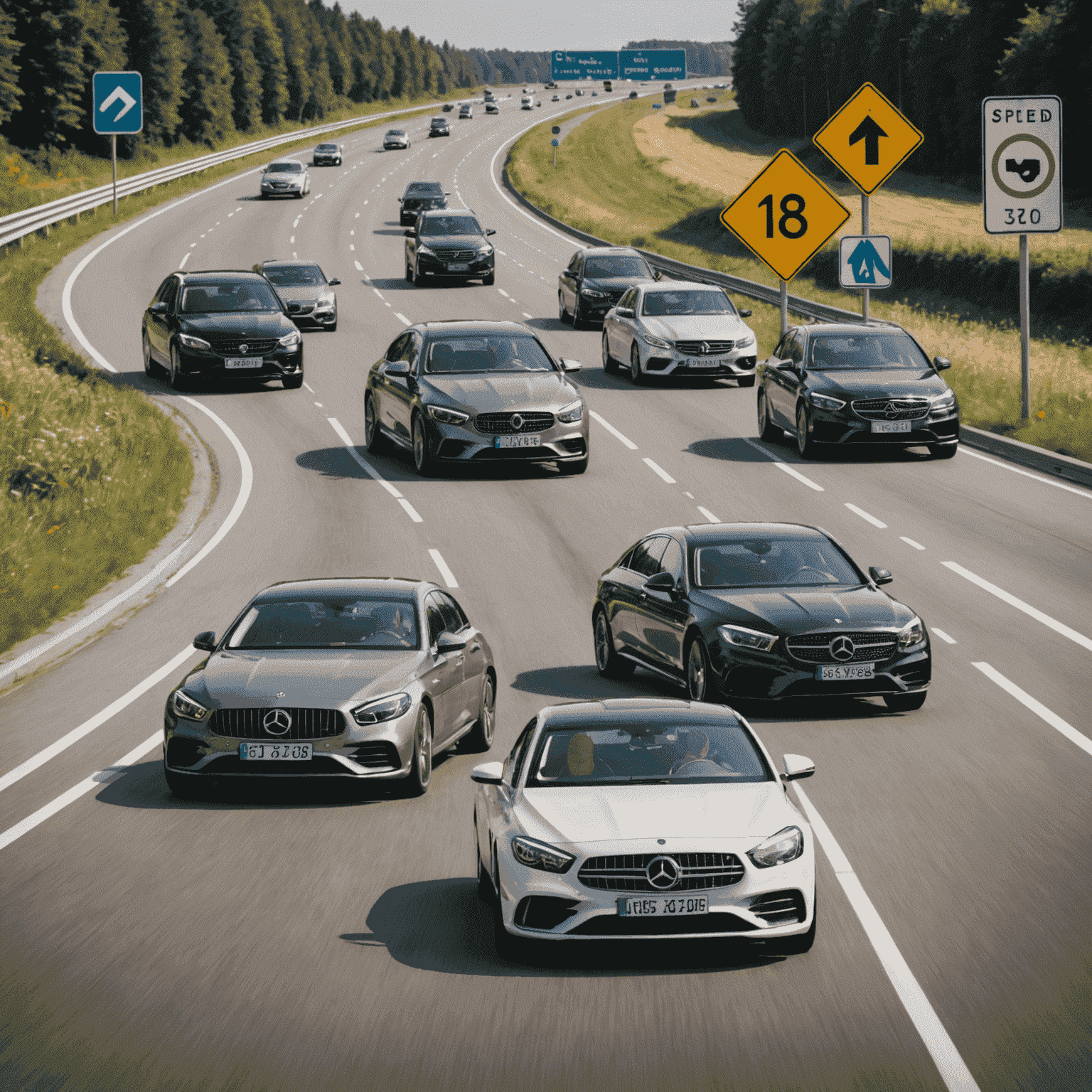 Collage von deutschen Luxusautos auf der Autobahn, die die Spannung zwischen Geschwindigkeit und Sicherheit darstellt, mit Geschwindigkeitsbegrenzungsschildern im Hintergrund