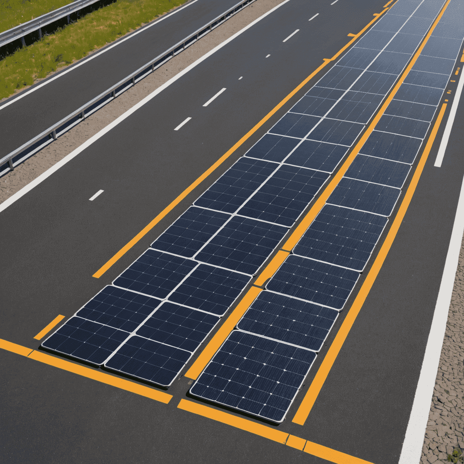 Nahaufnahme eines Abschnitts der Solarstraße auf der Autobahn, der die nahtlose Integration der Solarpanele in die Fahrbahnoberfläche zeigt