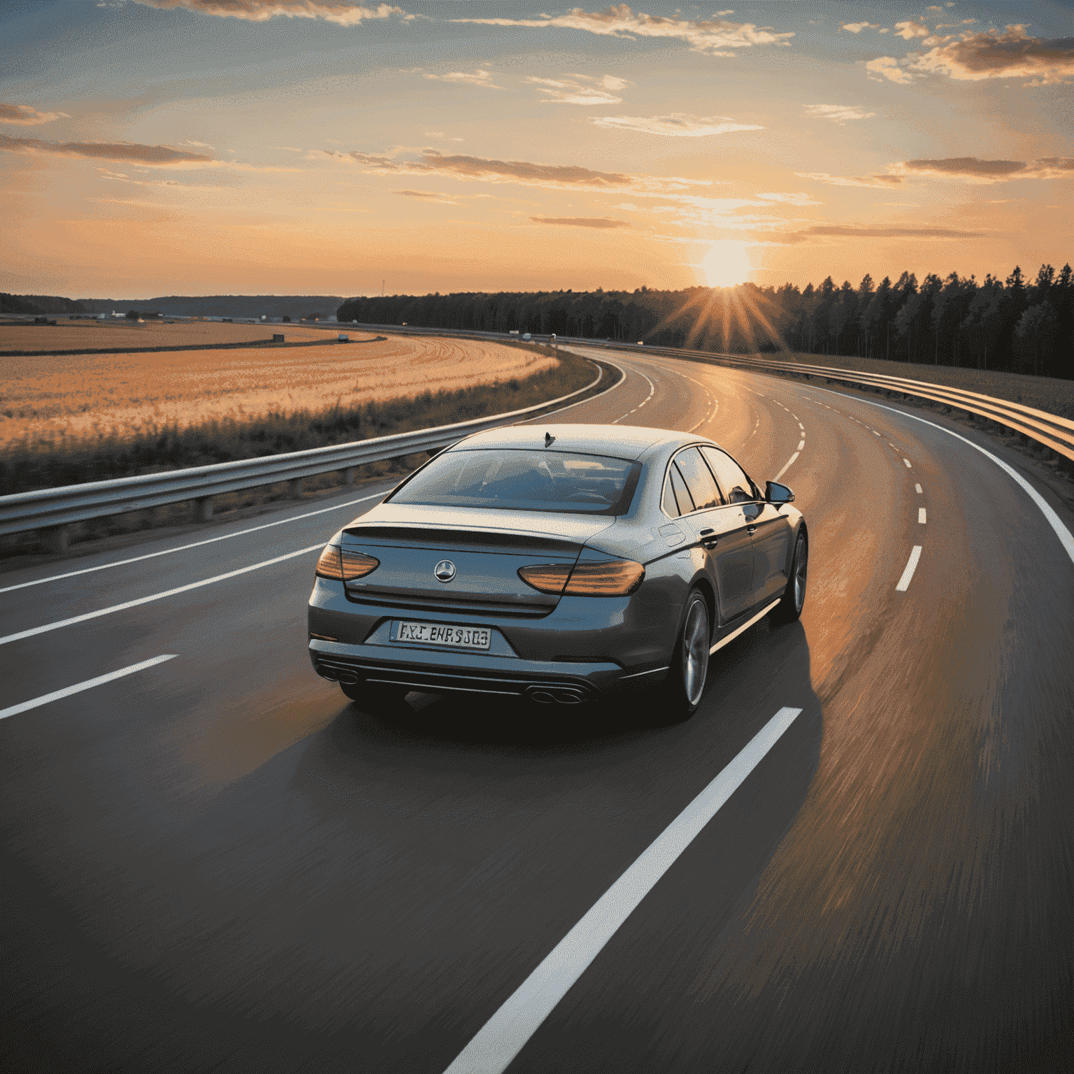Ein modernes deutsches Auto, das bei Sonnenuntergang mit hoher Geschwindigkeit auf der Autobahn fährt, symbolisiert Freiheit und fortschrittliche Technologie