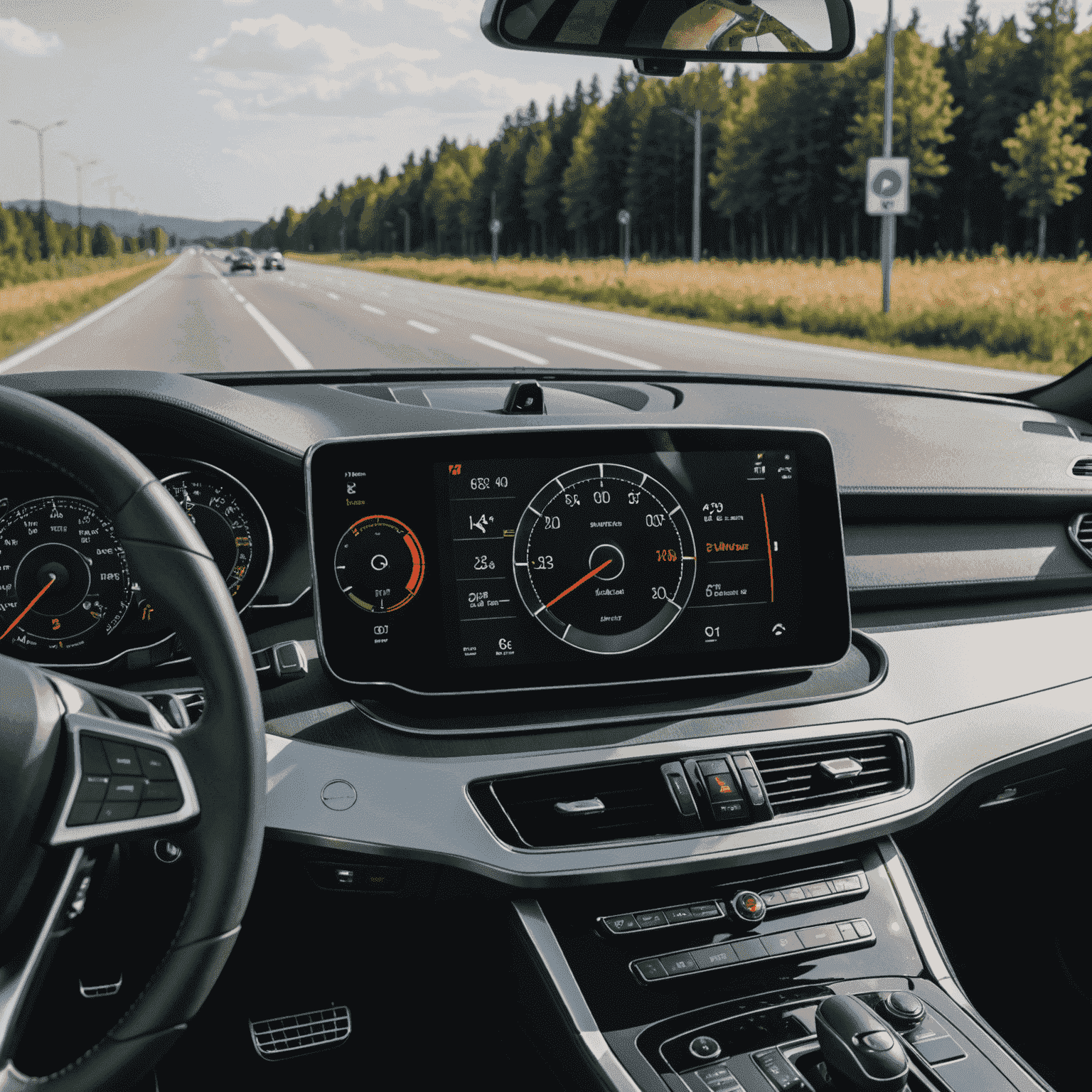 Nahaufnahme eines futuristischen Armaturenbretts eines deutschen Luxusautos, das auf der Autobahn fährt, mit Geschwindigkeitsanzeige und Navigationssystem