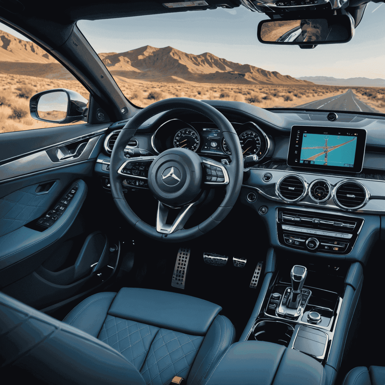 Das Interieur eines Luxusautos mit modernem digitalen Dashboard, Ledersitzen und hochwertigem Finish. Die Beleuchtung ist in einem sanften Blau gehalten, was die fortschrittliche Technologie betont.