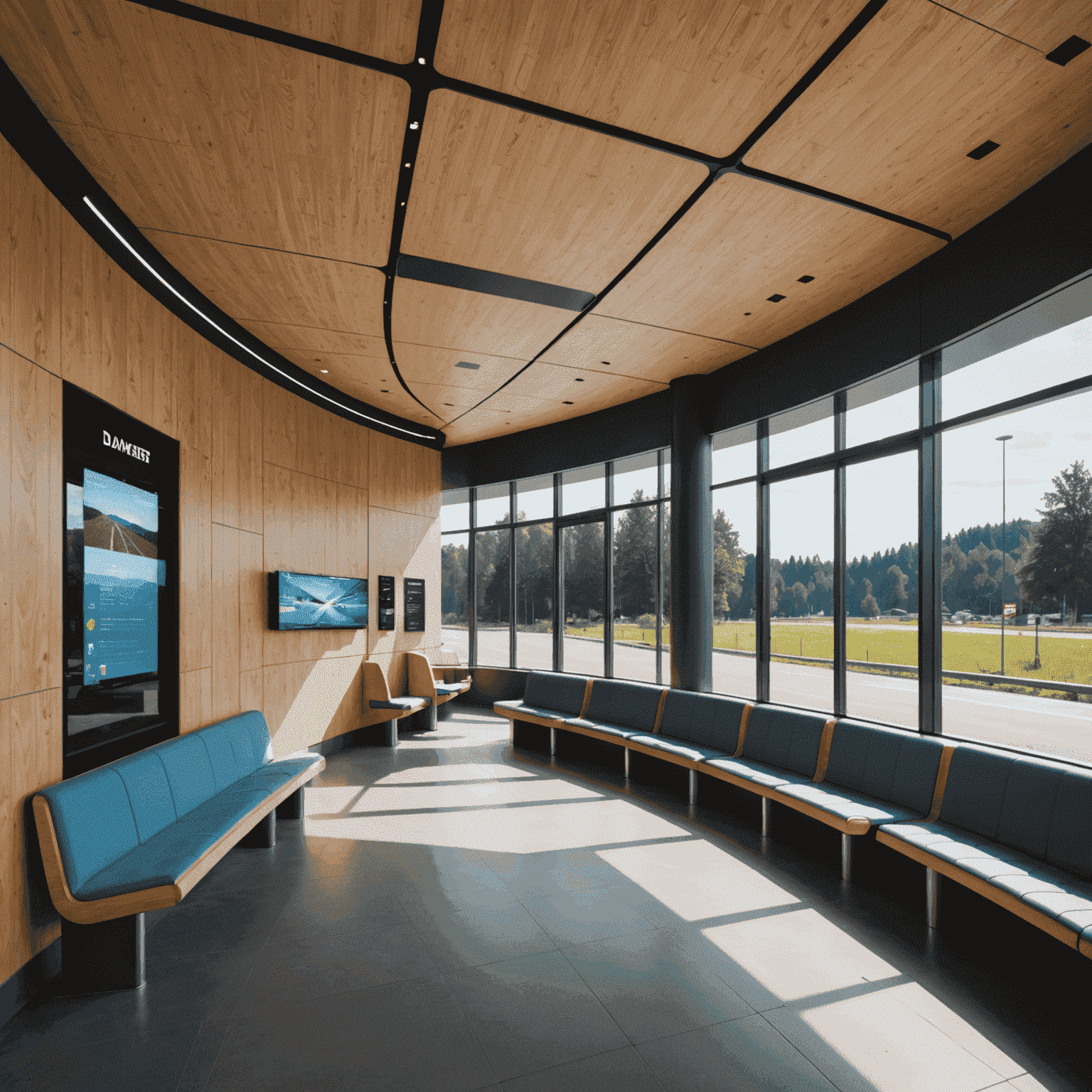 Moderne Innenansicht der Raststätte Dammer Berge mit futuristischem Design, digitalen Infotafeln und gemütlichen Sitzecken