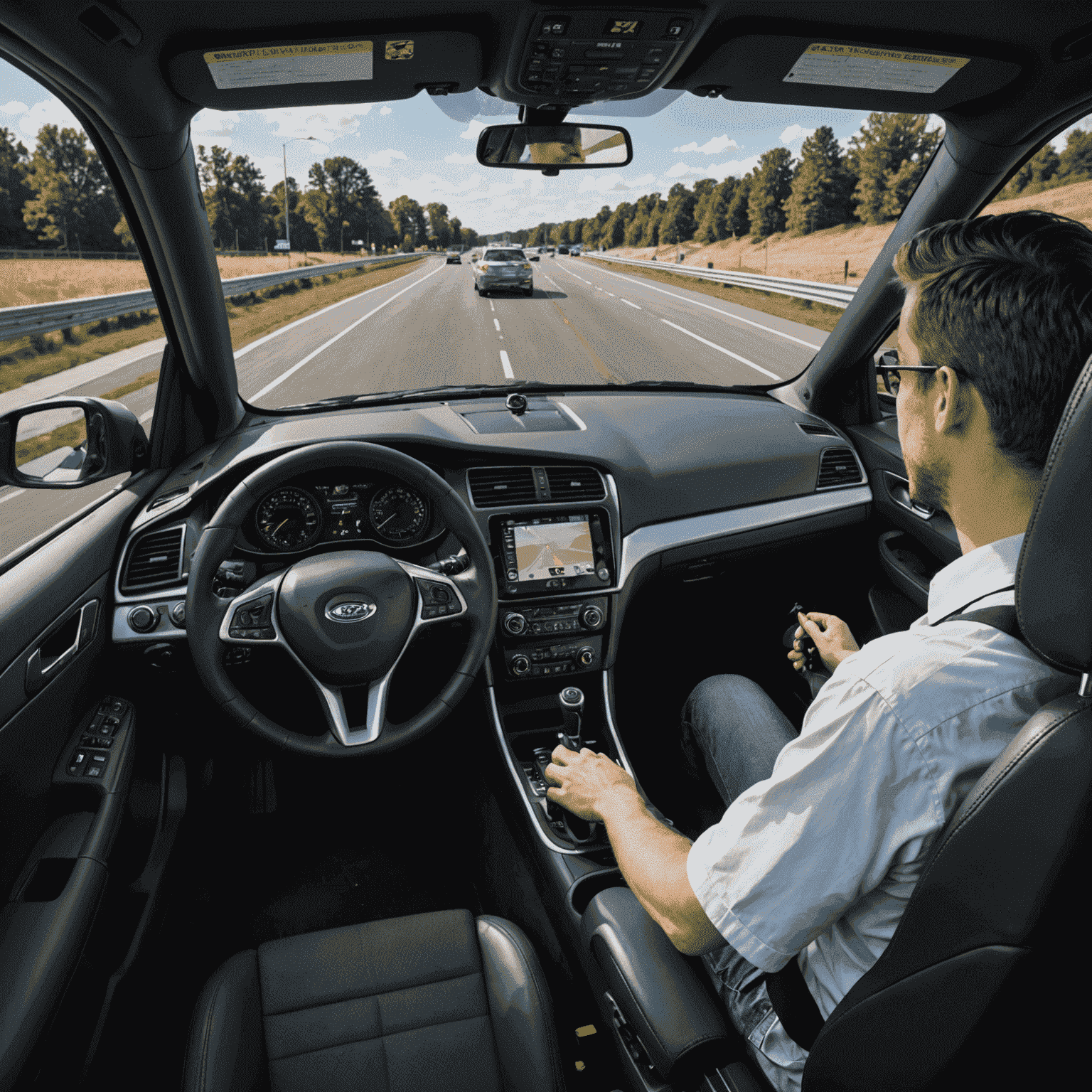 Ein moderner Fahrsimulator, der die Autobahn-Umgebung realistisch nachbildet, mit einem Schüler am Steuer und einem Instruktor daneben