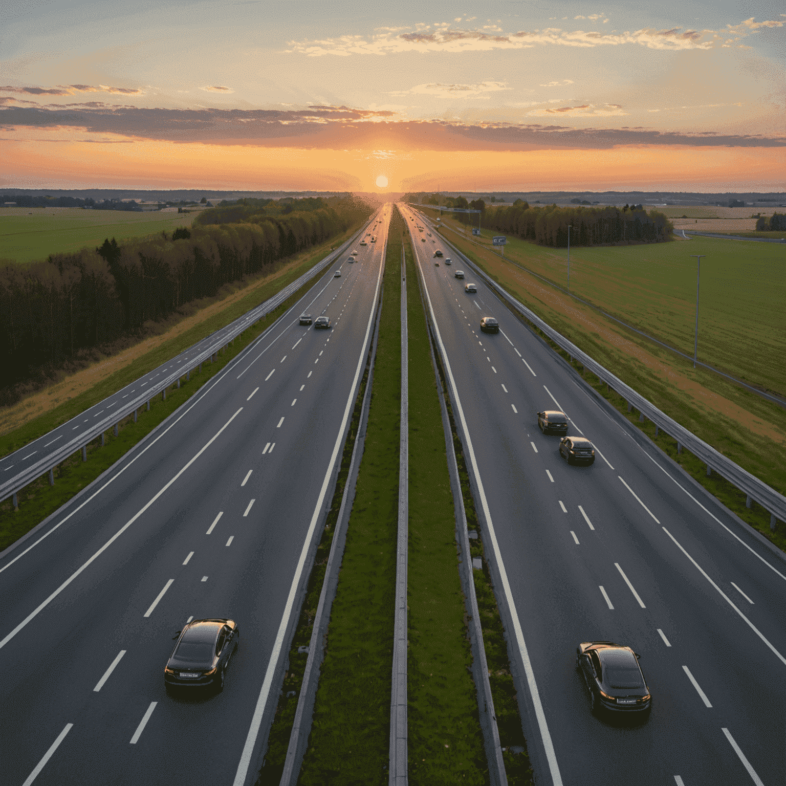 Sonnenuntergang über einer leeren deutschen Autobahn, die sich in den Horizont erstreckt, mit modernen Autos, die in der Ferne zu sehen sind