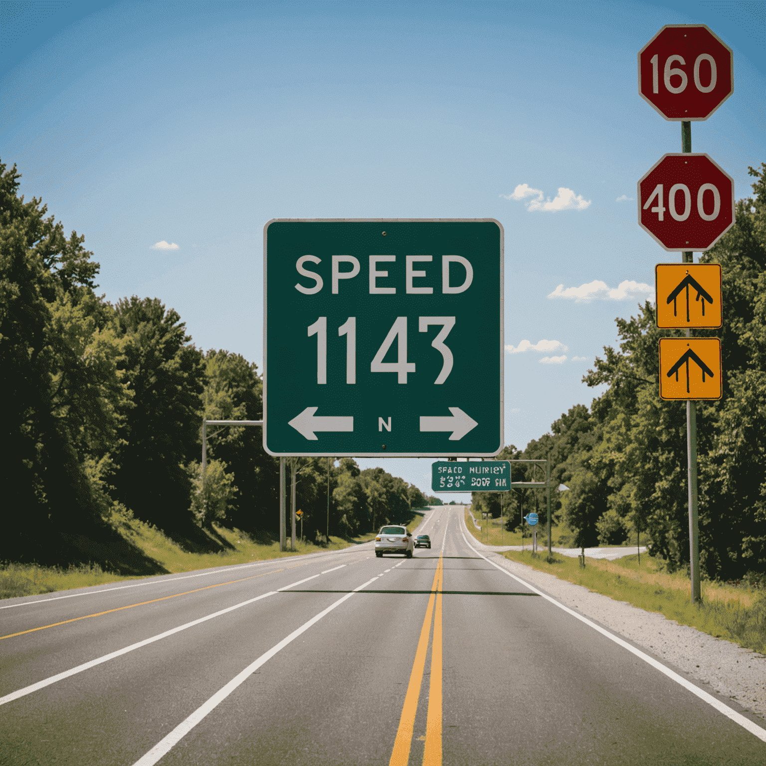 Ein Autobahnschild mit Geschwindigkeitsbegrenzung und vorbeifahrende Autos im Hintergrund