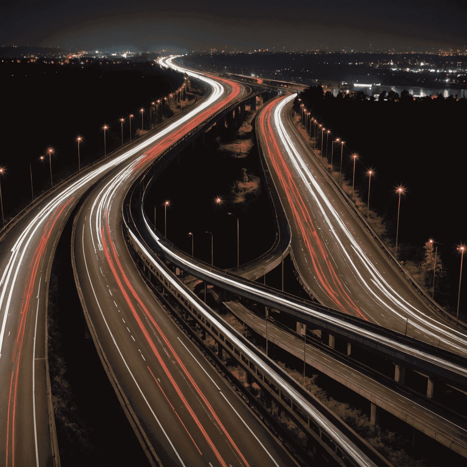 Nachtaufnahme einer Autobahn mit intelligenter LED-Beleuchtung, die verschiedene Helligkeitsstufen zeigt und die Anpassung an den Verkehrsfluss demonstriert