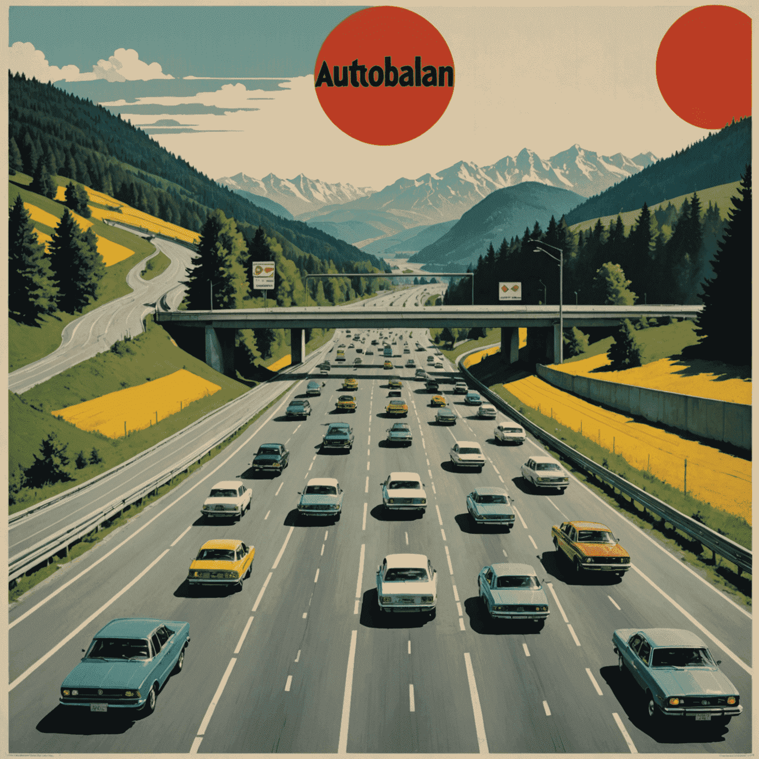 Collage aus Autobahn-inspirierten Kunstwerken, Albumcovern und Filmplakaten, die den kulturellen Einfluss der Autobahn zeigen