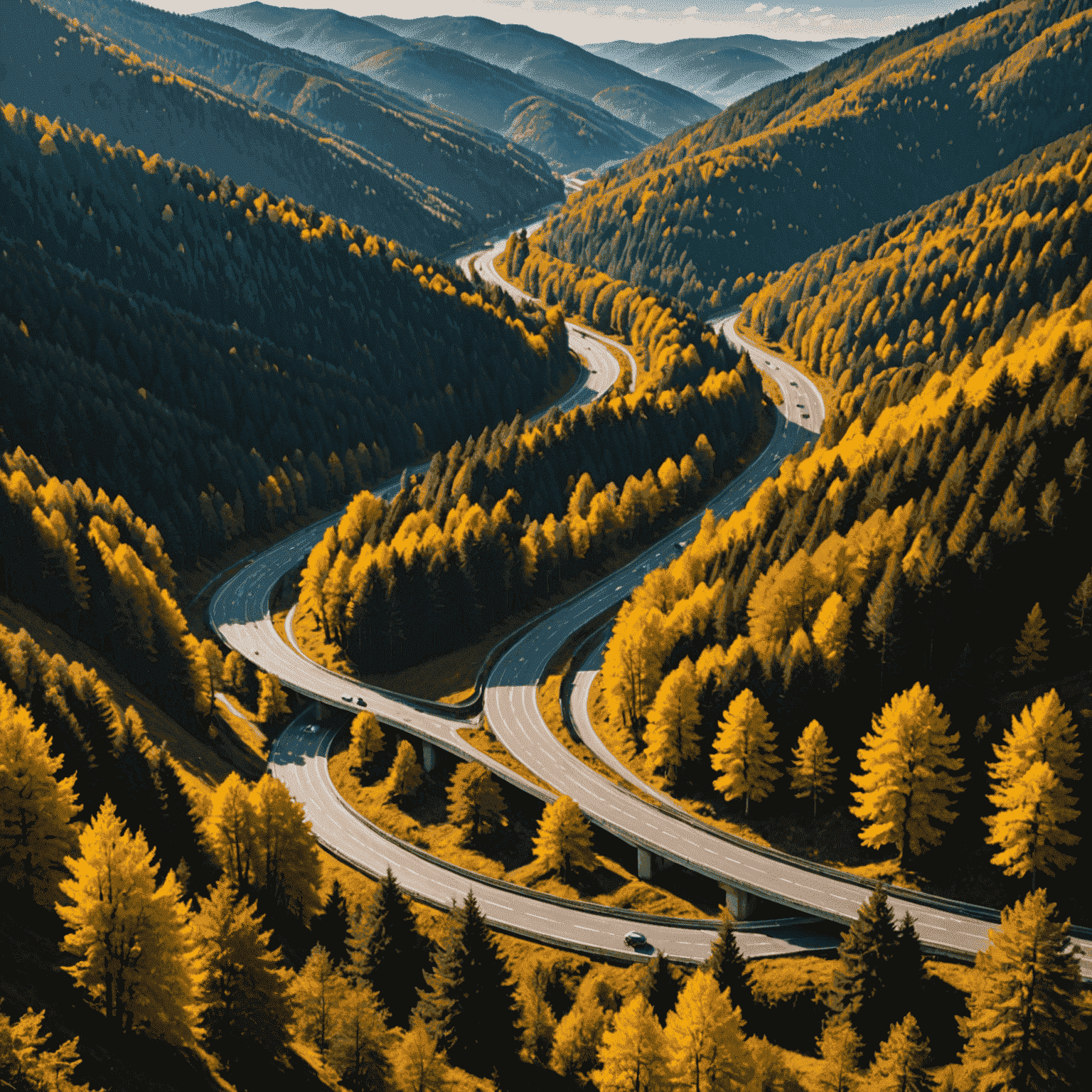 Blick auf eine kurvige Autobahn durch den Schwarzwald mit herbstlich gefärbten Bäumen