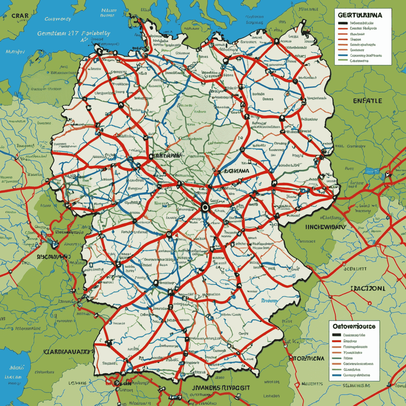 Eine Karte von Deutschland mit hervorgehobenen Autobahnen. Verschiedene Routen sind in unterschiedlichen Farben markiert, die beliebte Strecken für Autobahn-Touren zeigen.