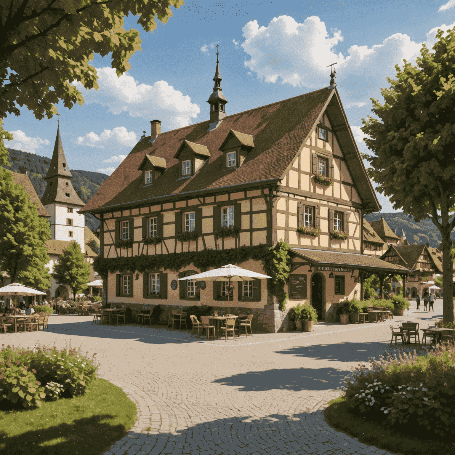 Außenansicht der Raststätte Fränkische Schweiz mit traditioneller fränkischer Architektur, umgeben von Obstgärten und einem kleinen Biergarten