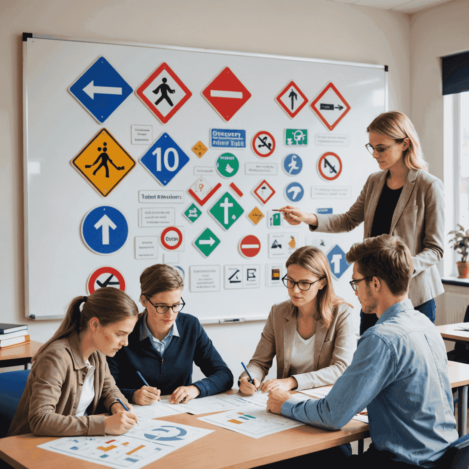 Eine Gruppe von Schülern studiert gemeinsam mit einem Lehrer ein großes Schaubild mit deutschen Verkehrszeichen und Vorschriften