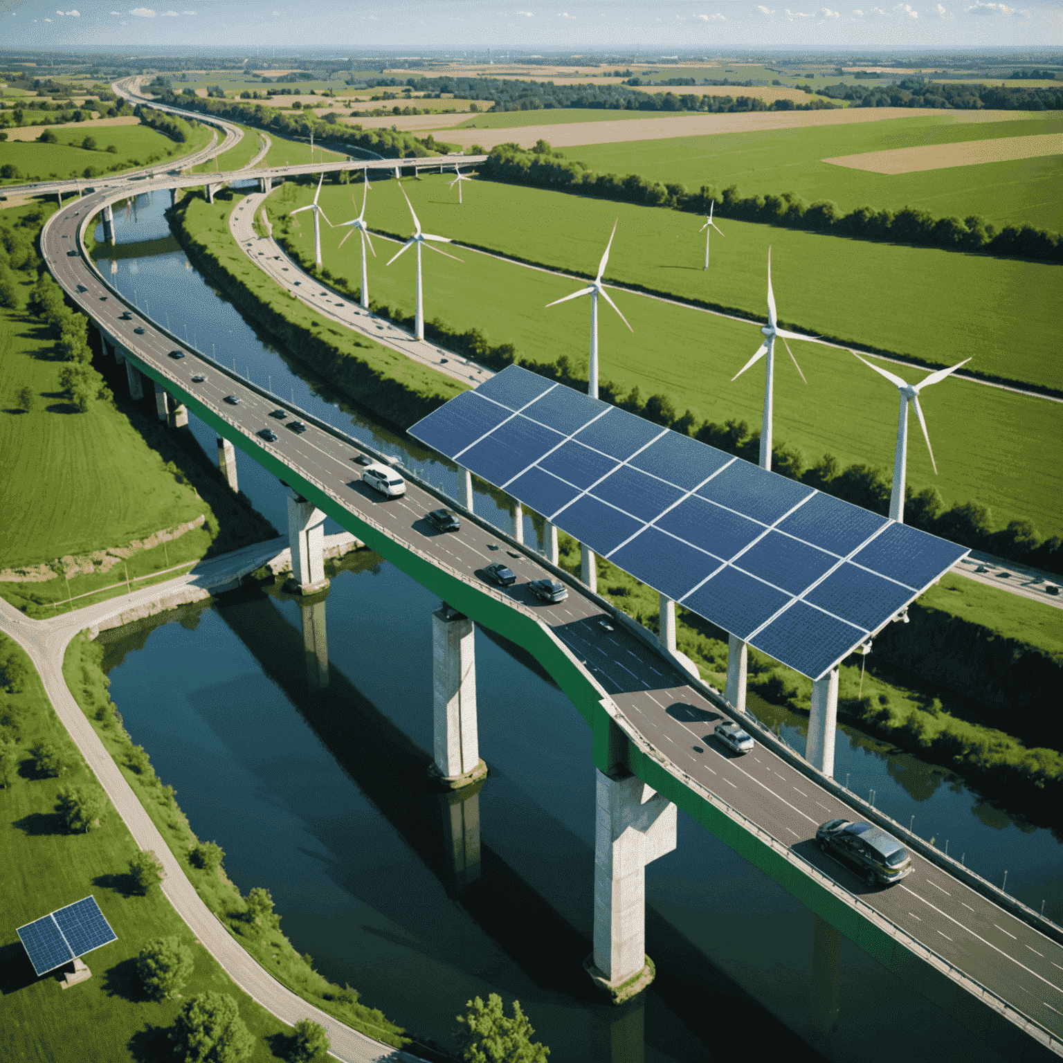 Eine grüne Brücke über die Autobahn mit Solarpanelen und Windturbinen