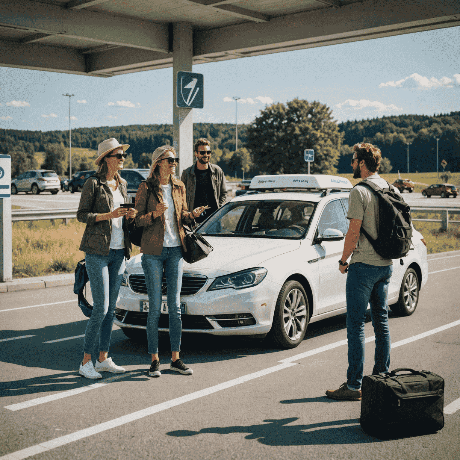 Gruppe von internationalen Touristen, die begeistert neben einem Mietwagen an einer Autobahnraststätte stehen, symbolisiert die touristische Anziehungskraft der Autobahn