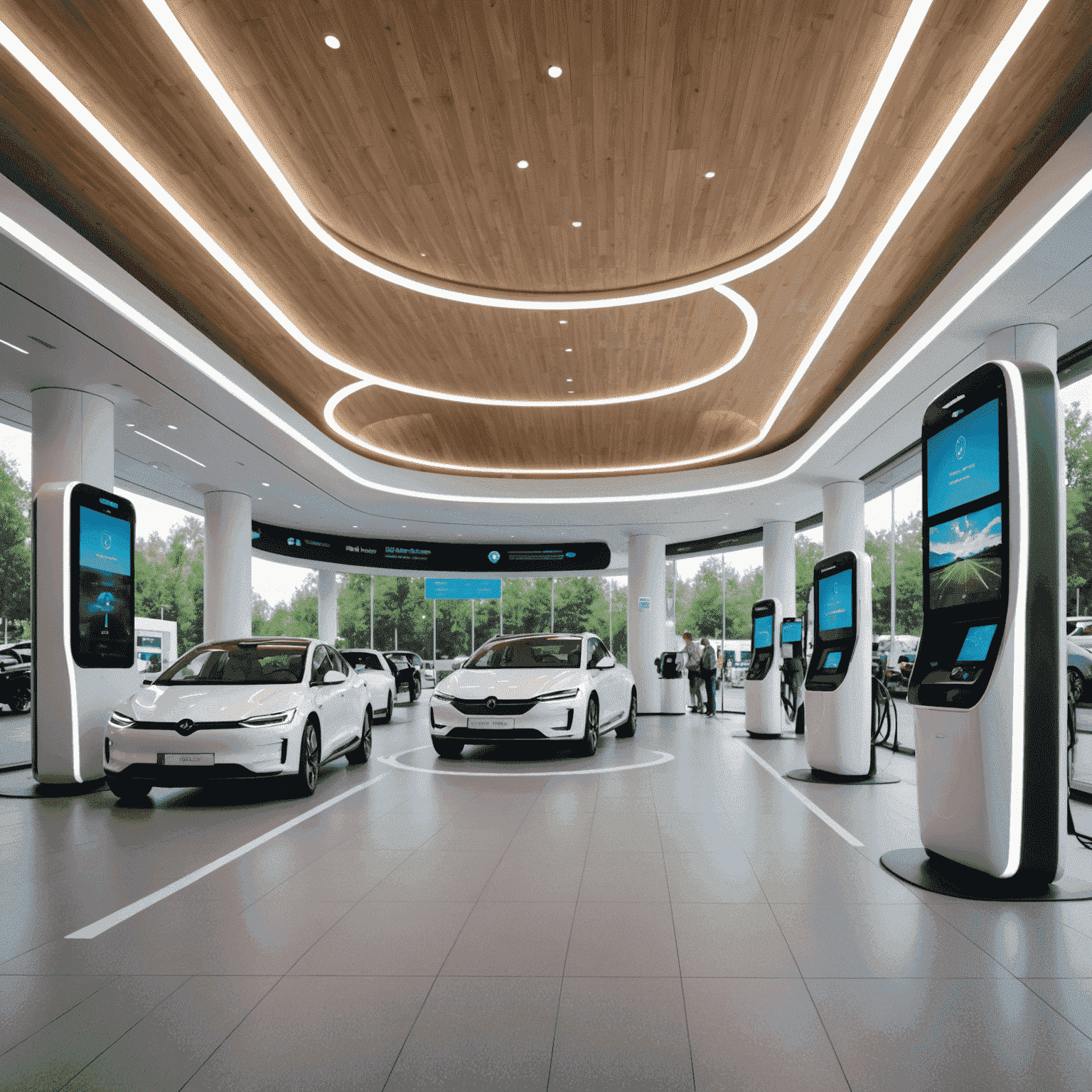 Futuristische Innenansicht der Raststätte Aachener Land mit interaktiven Displays, Virtual-Reality-Zonen und einem Showroom für Elektroautos