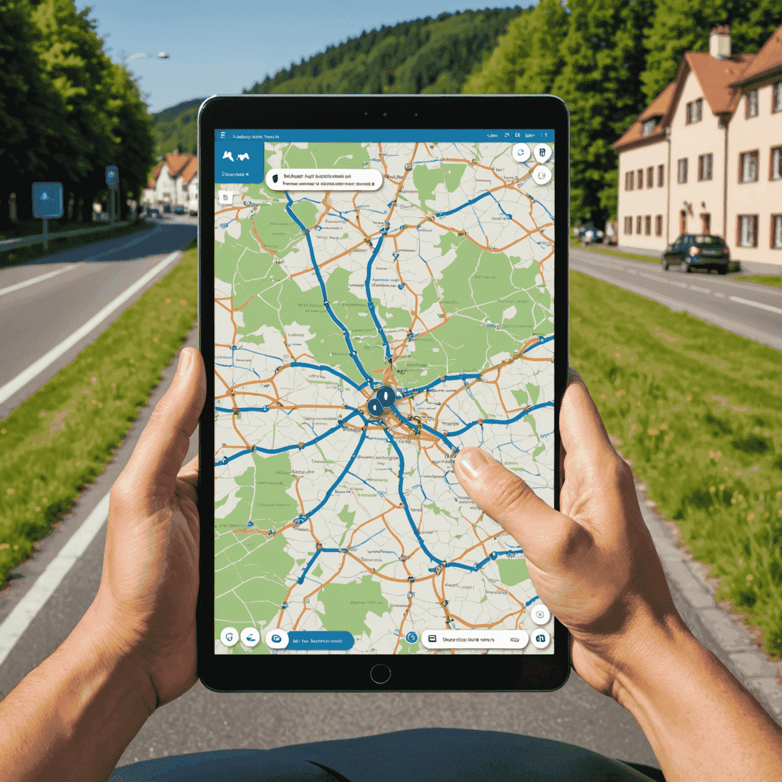 Digitale Karte Deutschlands mit hervorgehobenen Autobahnen, Wegpunkten und einer geplanten Route, die auf einem Tablet-Bildschirm angezeigt wird