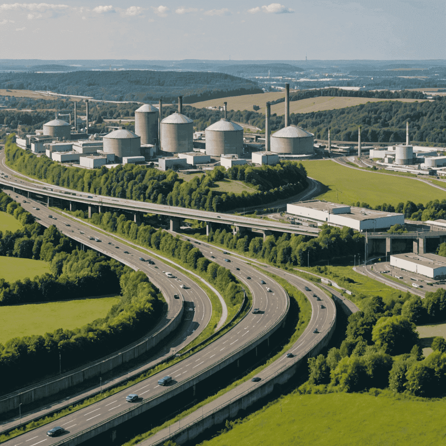 Panoramablick auf die Autobahn, die sich durch die hügelige Landschaft des Ruhrgebiets schlängelt, mit Industrieanlagen im Hintergrund